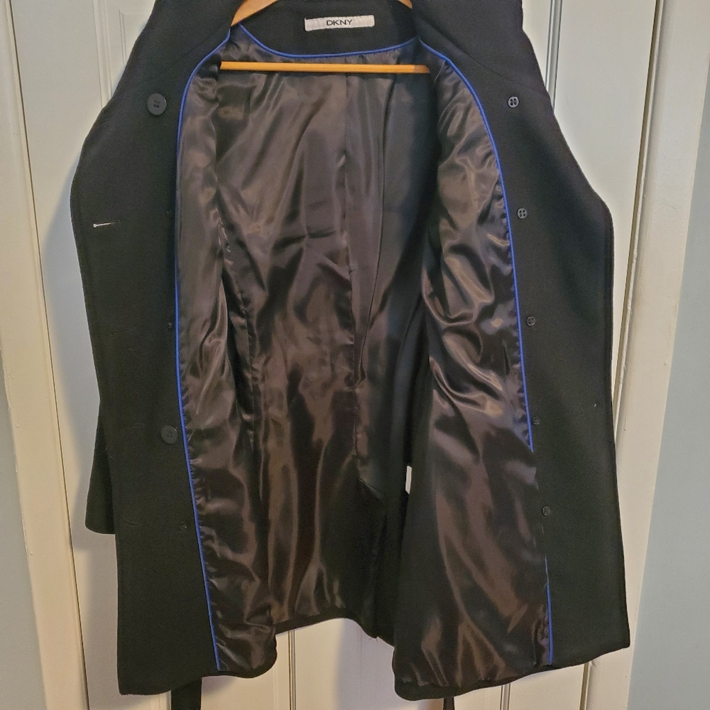 DKNY Women's Wool Blend Black Belted Trench Coat - Picture 12 of 14